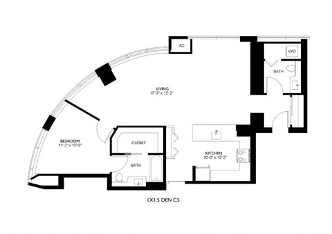 Floor plan for 1 bed, 1.5 baths, 1114 sqft